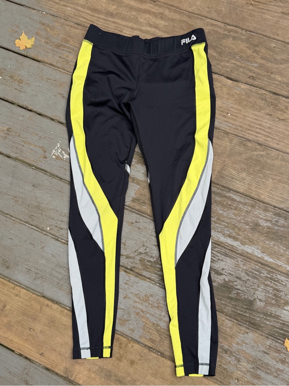 FILA Black with Neon Yellow Stripes Workout Leggings Small